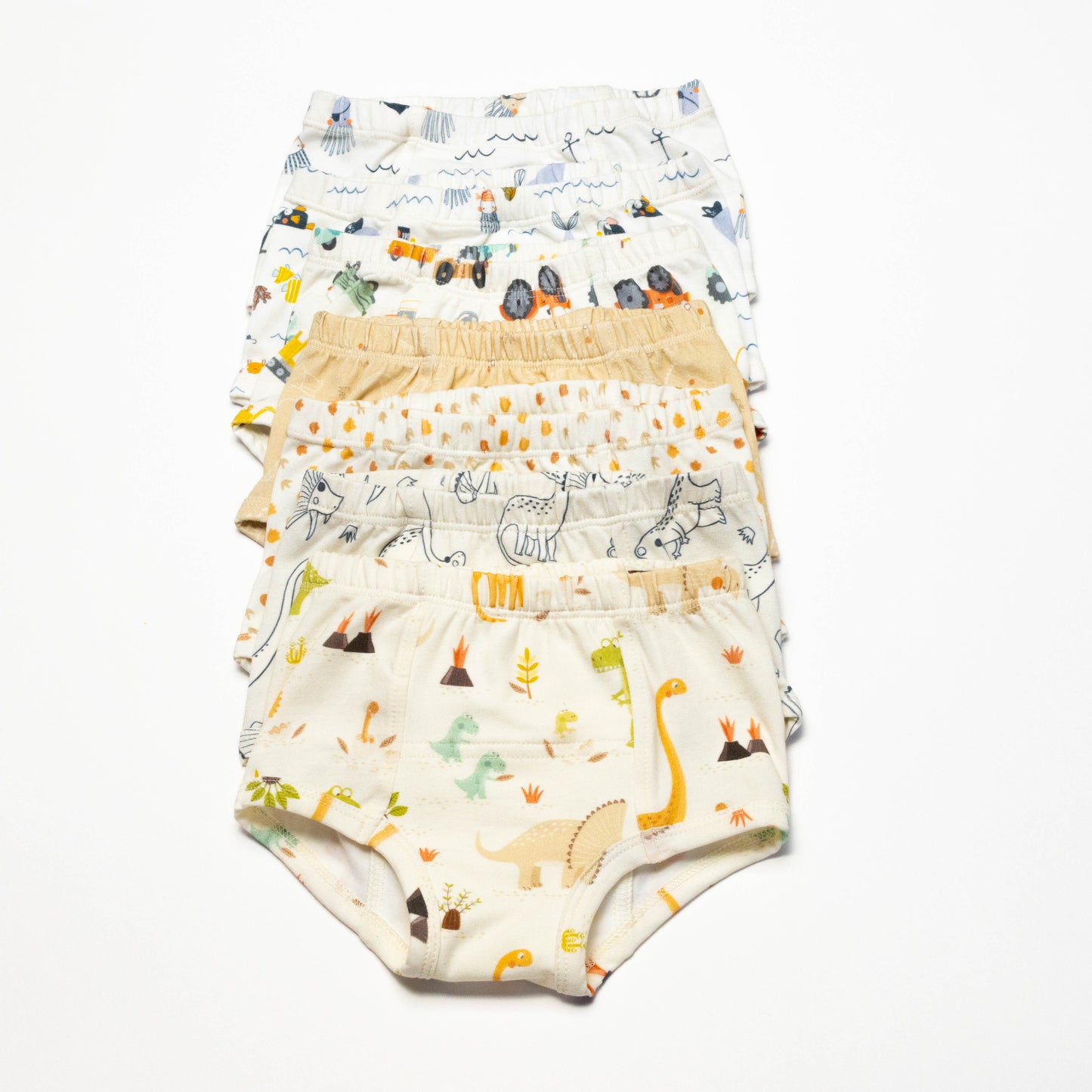 Bundle of 7 Organic Potty Training Underwear with animal prints on a white background
