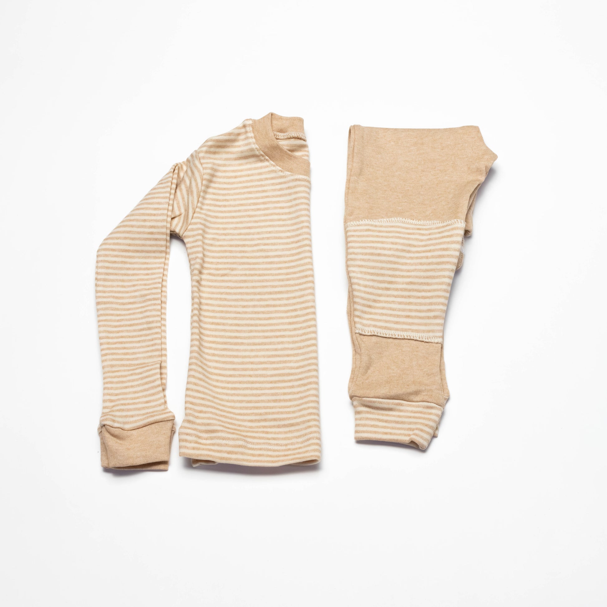 Organic Beige striped long-sleeve shirt and leg crawling pants on a white background