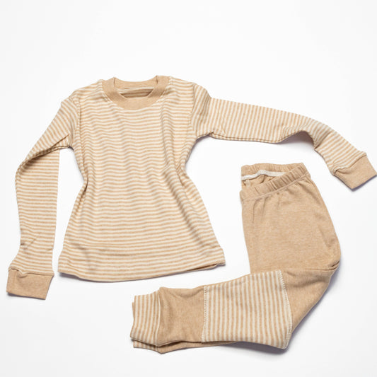 Organic Beige striped long-sleeve shirt and leg crawling pants on a white background