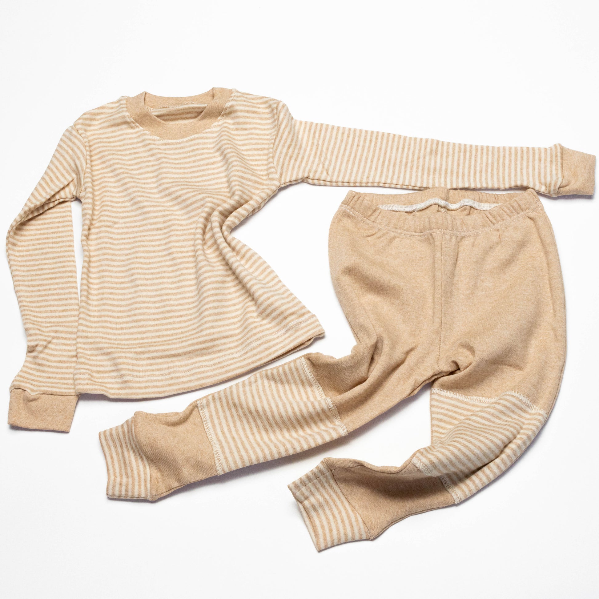 Organic Beige striped long-sleeve shirt and leg crawling pants on a white background