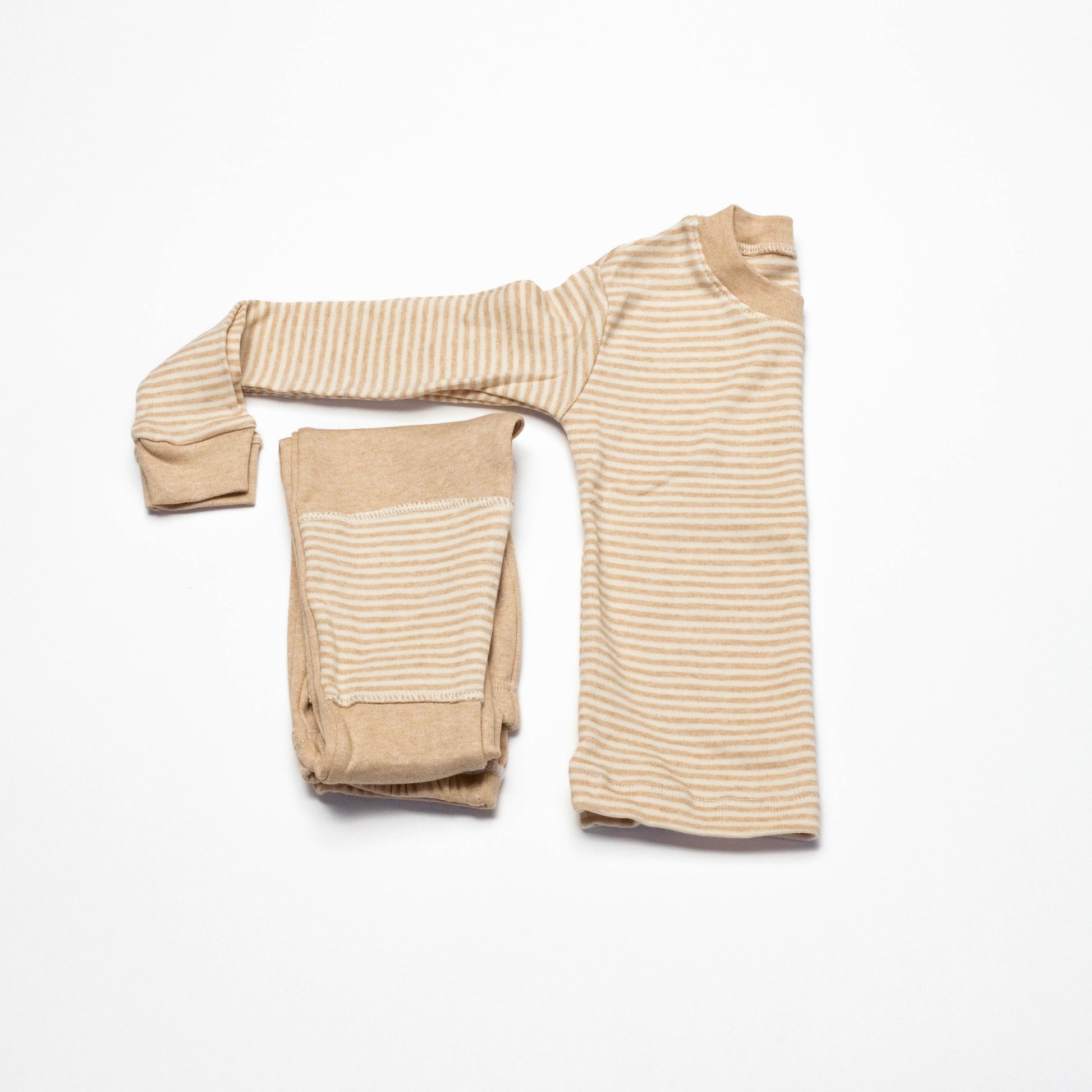 Organic Beige striped long-sleeve shirt and leg crawling pants on a white background