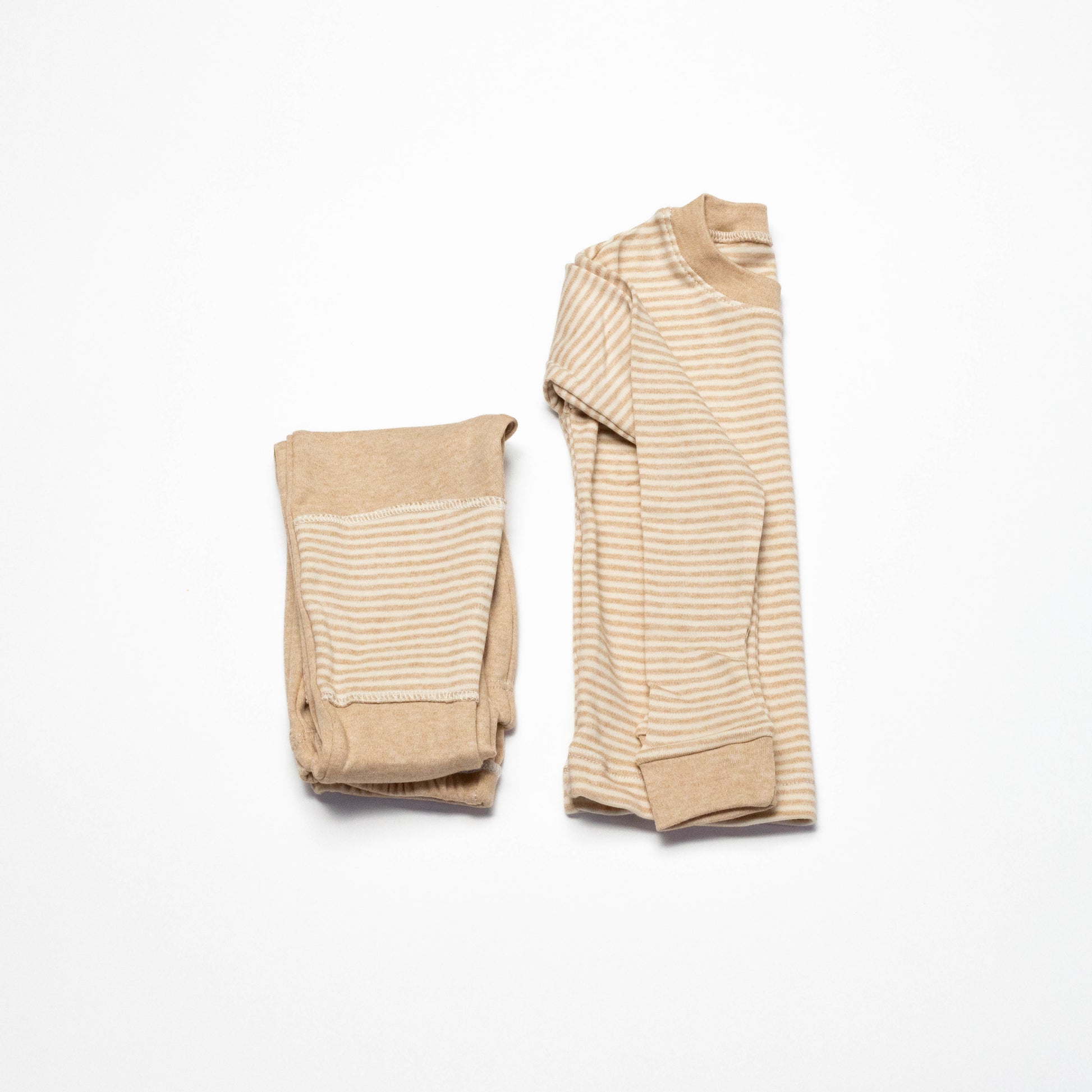 Organic Beige striped long-sleeve shirt and leg crawling pants on a white background