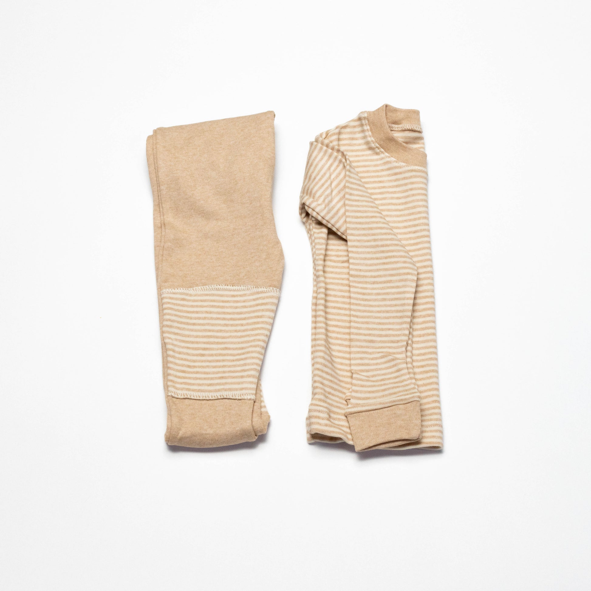 Organic Beige striped long-sleeve shirt and leg crawling pants on a white background