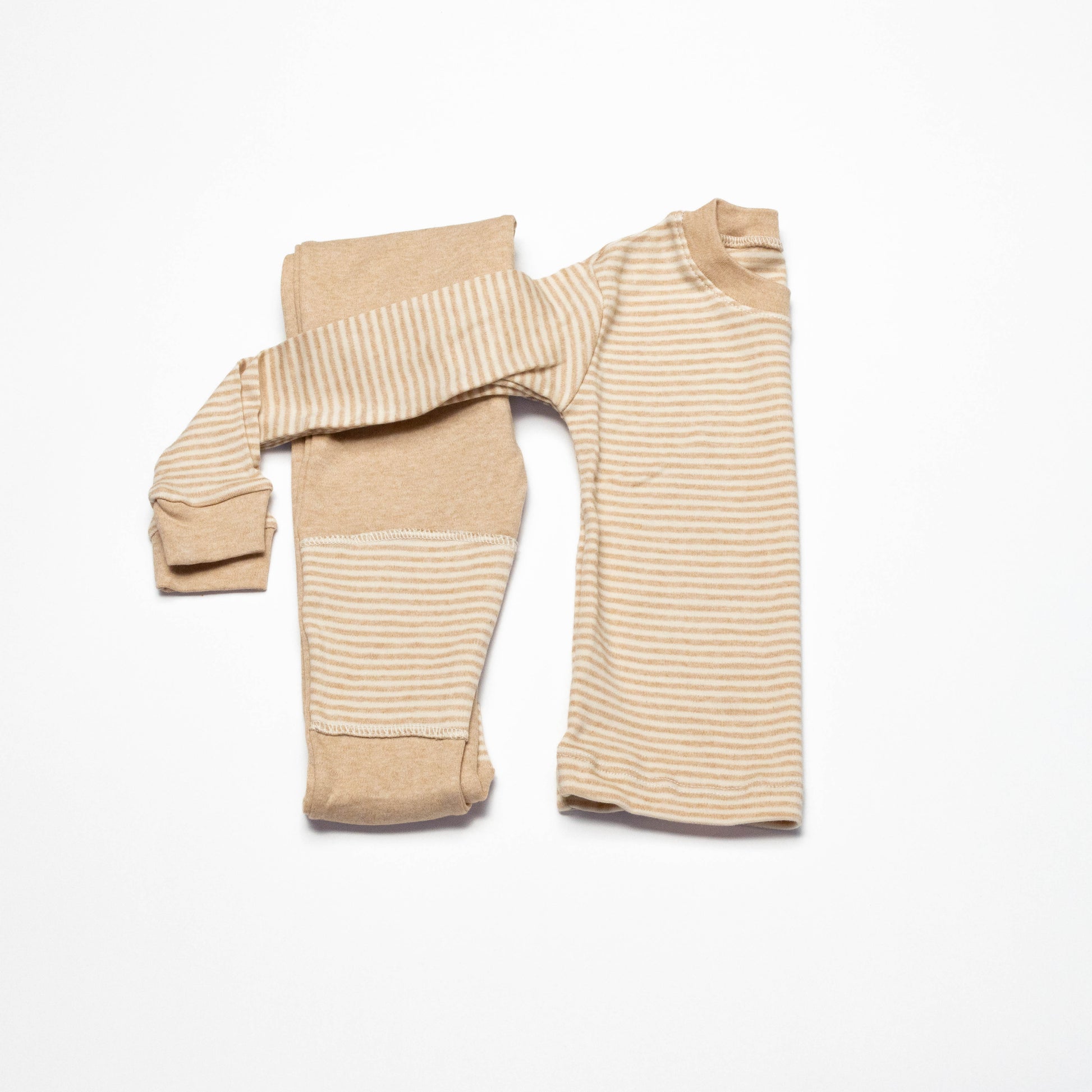 Organic Beige striped long-sleeve shirt and leg crawling pants on a white background