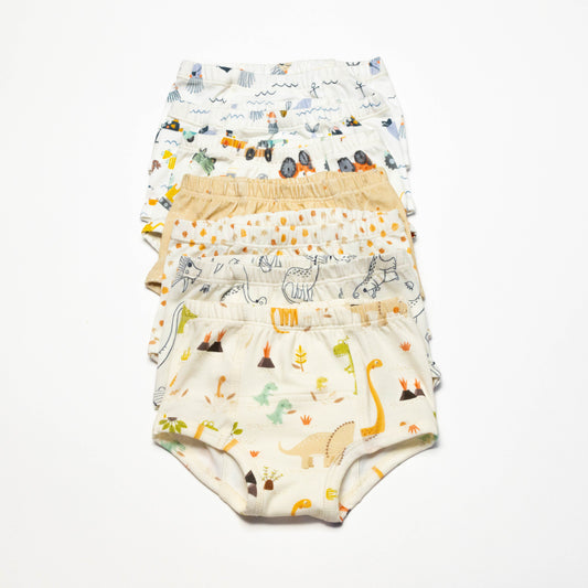 Bundle of 7 Organic Potty Training Underwear with animal prints on a white background