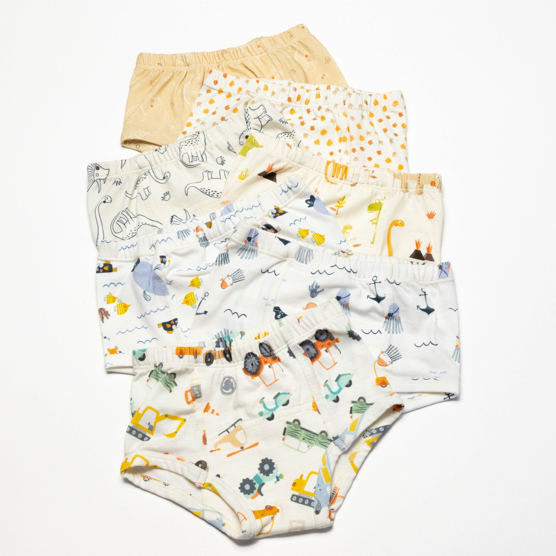 Bundle of 7 Organic Potty Training Underwear with animal prints on a white background