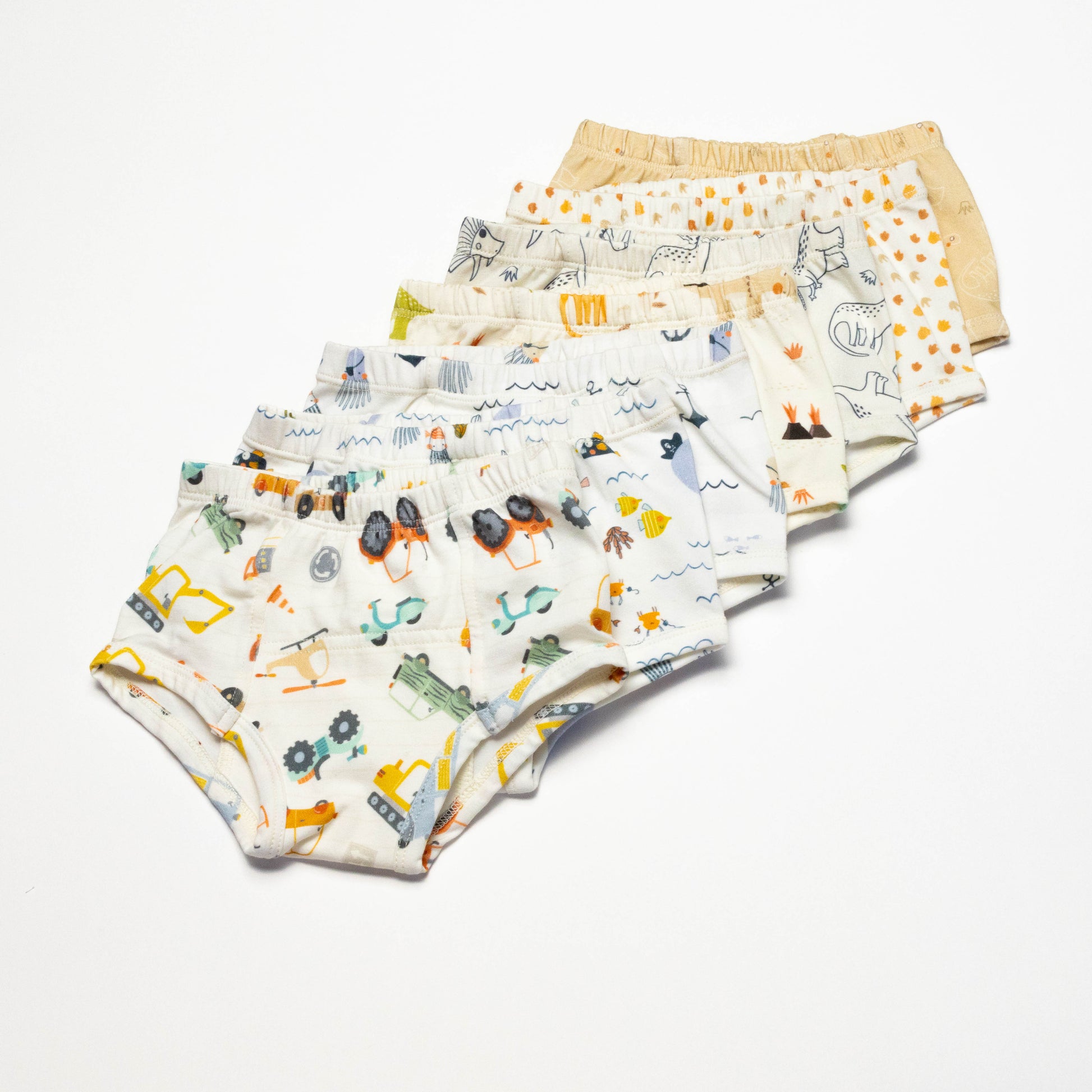 Bundle of 7 Organic Potty Training Underwear with animal prints on a white background