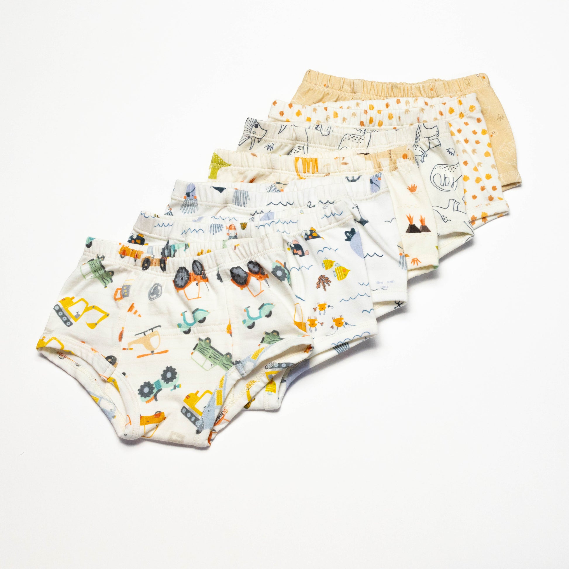 Bundle of 7 Organic Potty Training Underwear with animal prints on a white background