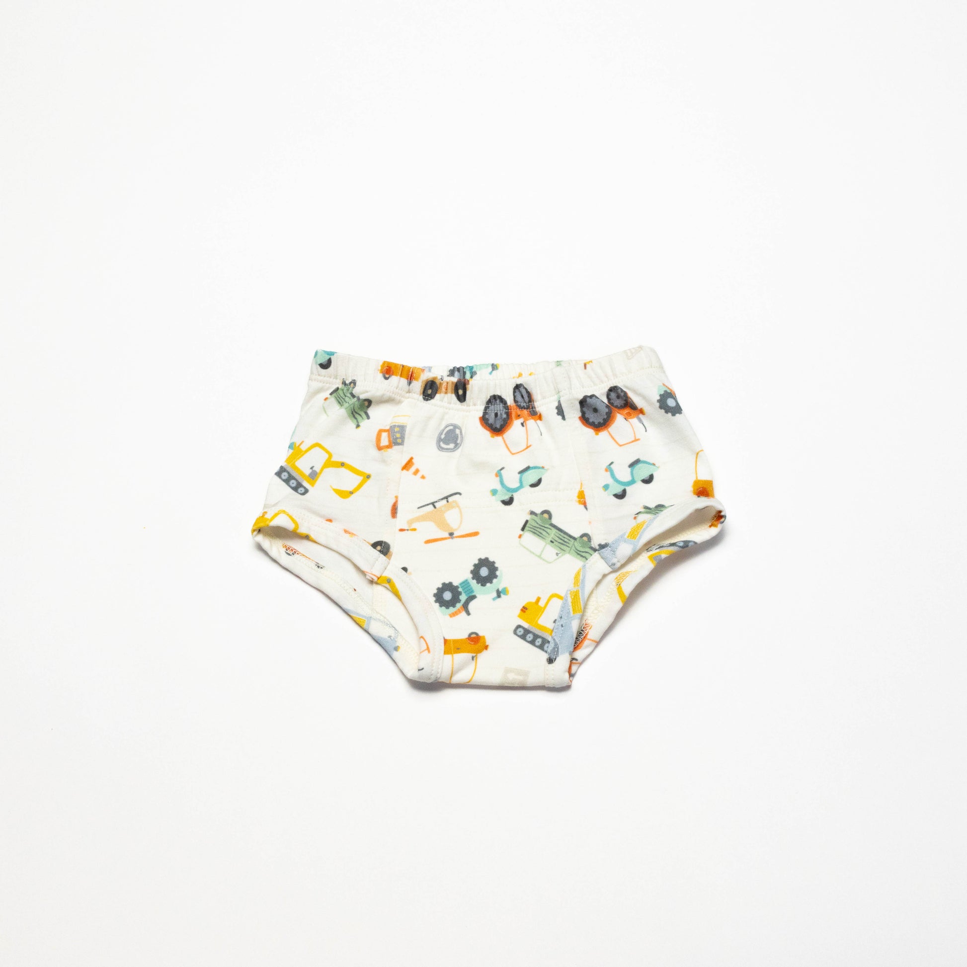 Children's organic potty training underwear with vehicle pattern on a white background