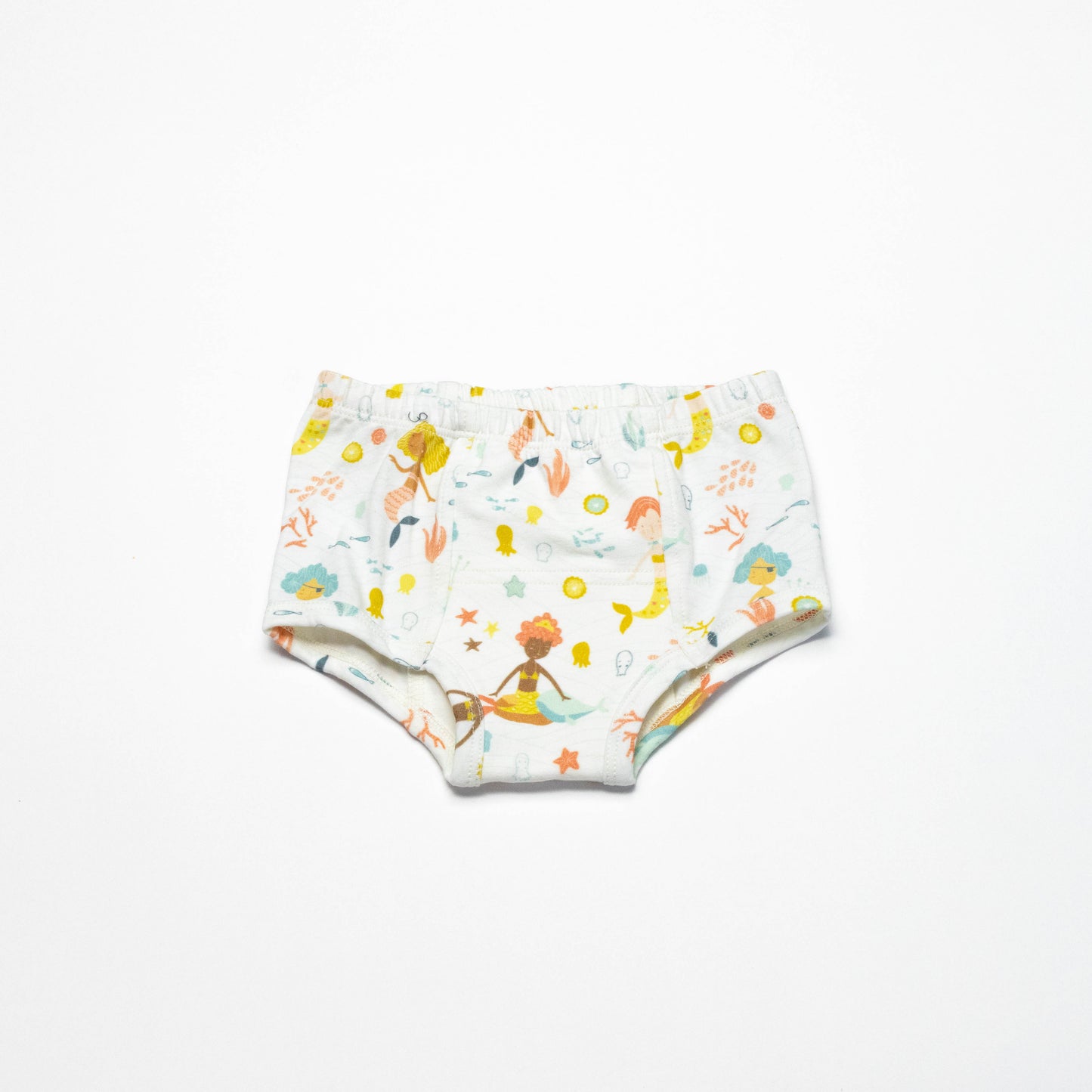 Children's organic potty training underwear with a colorful mermaid pattern on a white background