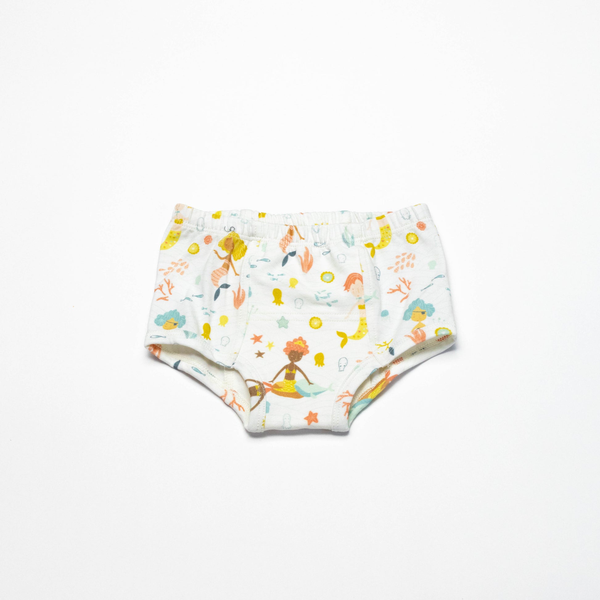 Children's organic potty training underwear with a colorful mermaid pattern on a white background