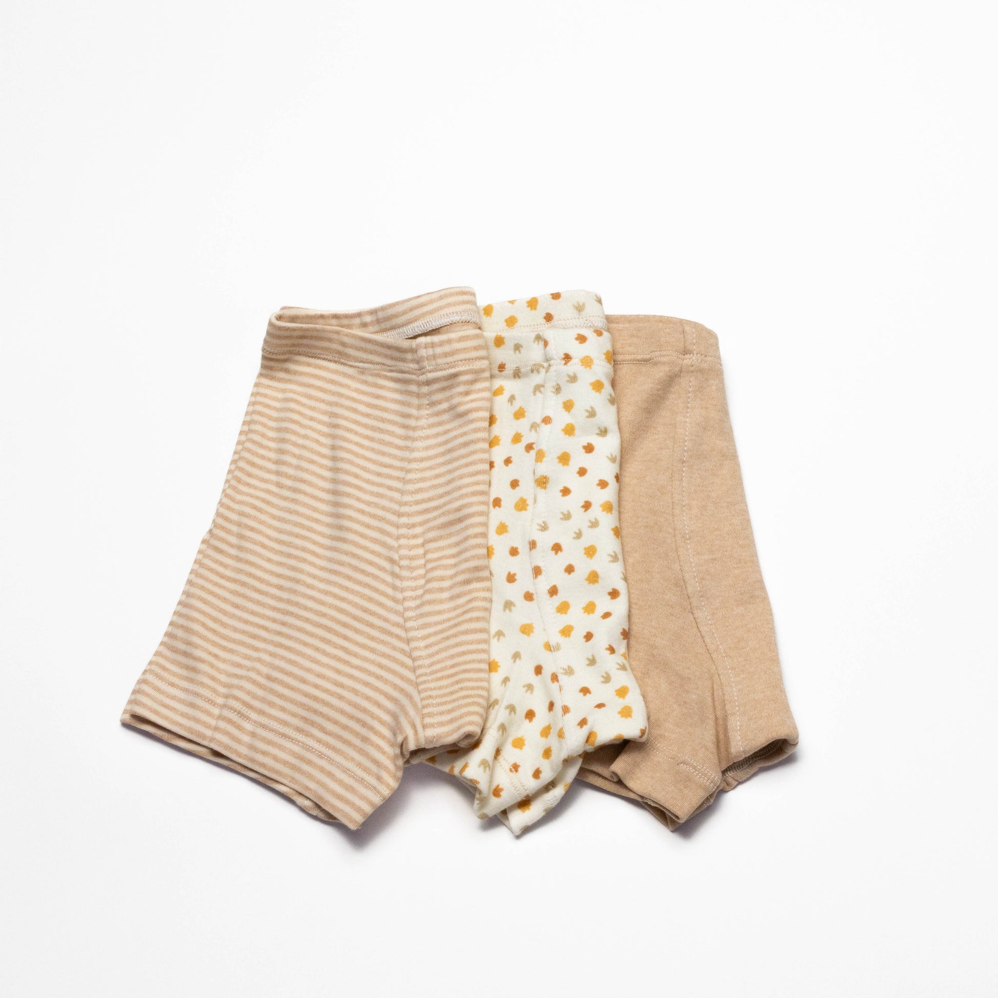 Three pairs of organic cotton boxer briefs in different patterns on a white background for sensitive skin size 8