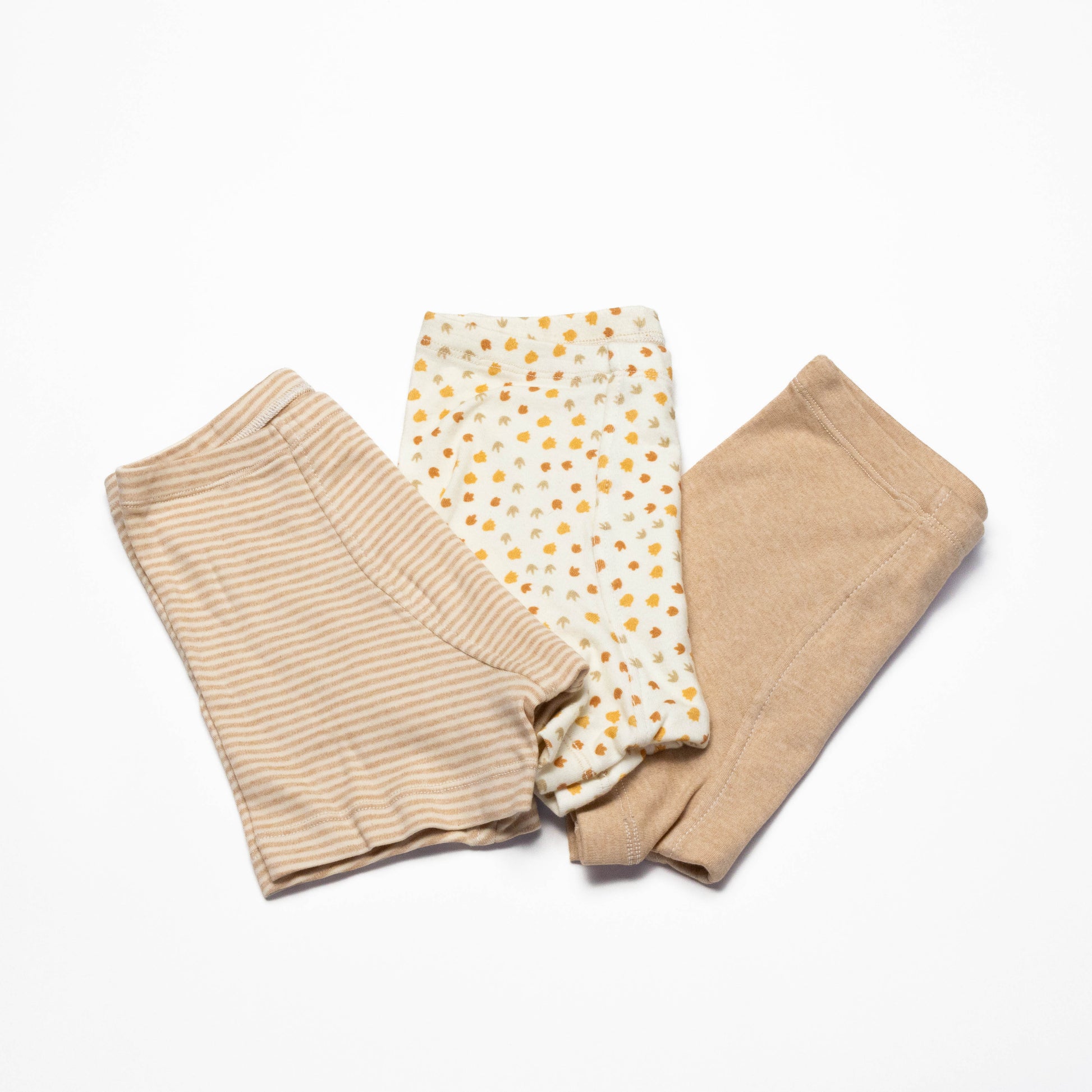 Three pairs of organic cotton boxer briefs in different patterns on a white background for sensitive skin size 8