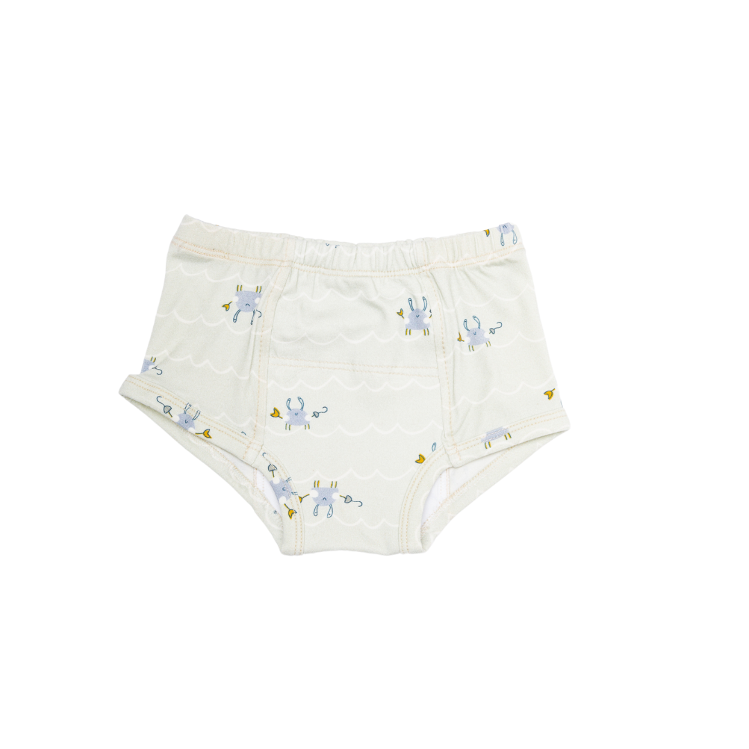 Our organic cotton potty training underpants, our underpants also feature a delightful ocean motif. Little pirates crabs are printed over our organic cotton toddler underwear under OEKO-TEX Standard for sensitive kids
