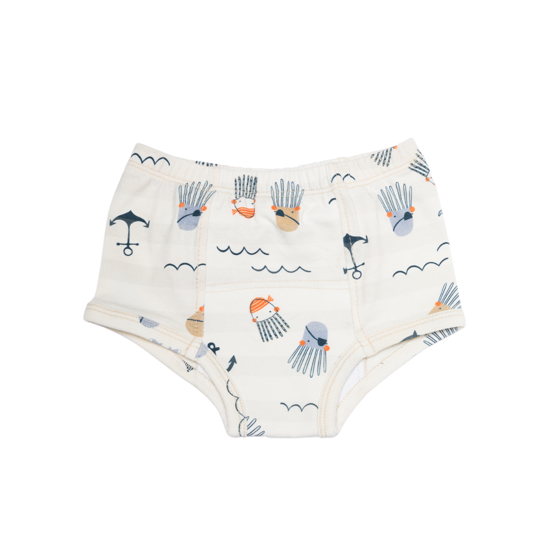 Our organic cotton potty training underpants, our underpants also feature a delightful ocean motif. Little pirates octopus are printed over our organic cotton toddler underwear under OEKO-TEX Standard for sensitive kids