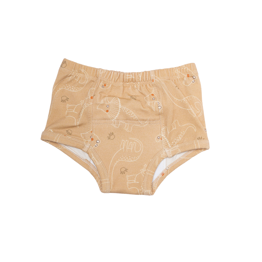 Our organic cotton underpants, non-toxic training underwear, feature a hand-drawn illustrations of dinosaurs. 