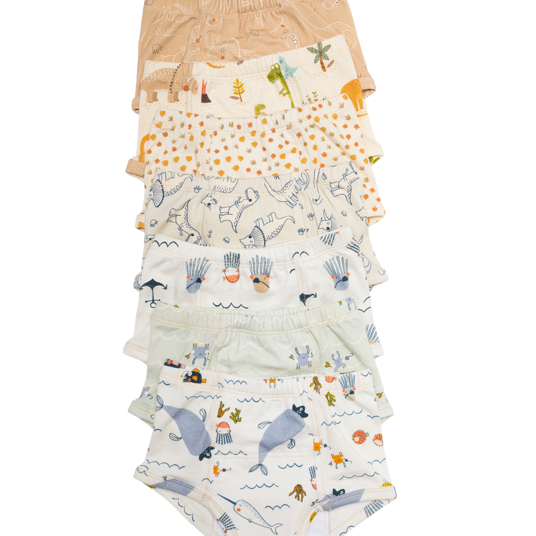 Our bundle of seven potty-training underwear, feature hand-drawn illustrations of a heartwarming family of dinosaurs eagerly welcoming their newest member as the egg hatches. Created by a talented artist with passion and soul, these unique and gender neutral designs bring a touch of whimsy to your child's potty training journey.