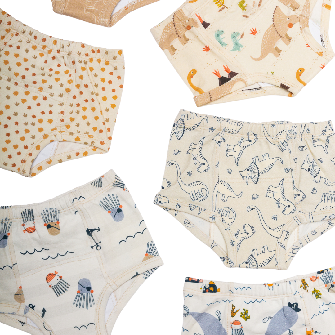 Our bundle of seven potty-training underwear, feature hand-drawn illustrations of a heartwarming family of dinosaurs eagerly welcoming their newest member as the egg hatches. In addition to the beautiful dinosaur prints, our underpants also feature a delightful ocean motif, showcasing graceful narwhals gliding through the sea. 
