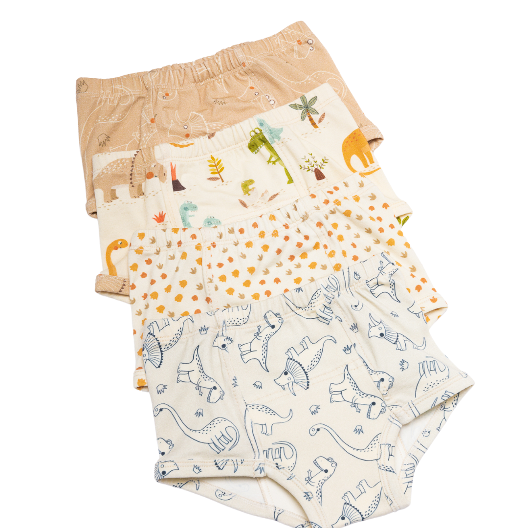 4 potty training pants with prints of dinasours. One is gray, other with dino's footprints, another of dinos parents with their babies, and the last one with dinos on a brown background 
